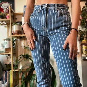 (0) Blue High-Waisted Skinny Jeans w/White Stripes